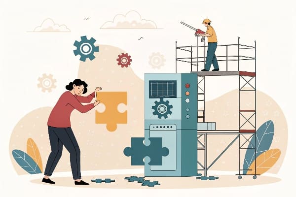 A side-by-side image of construction scaffolding and a person teaching another
