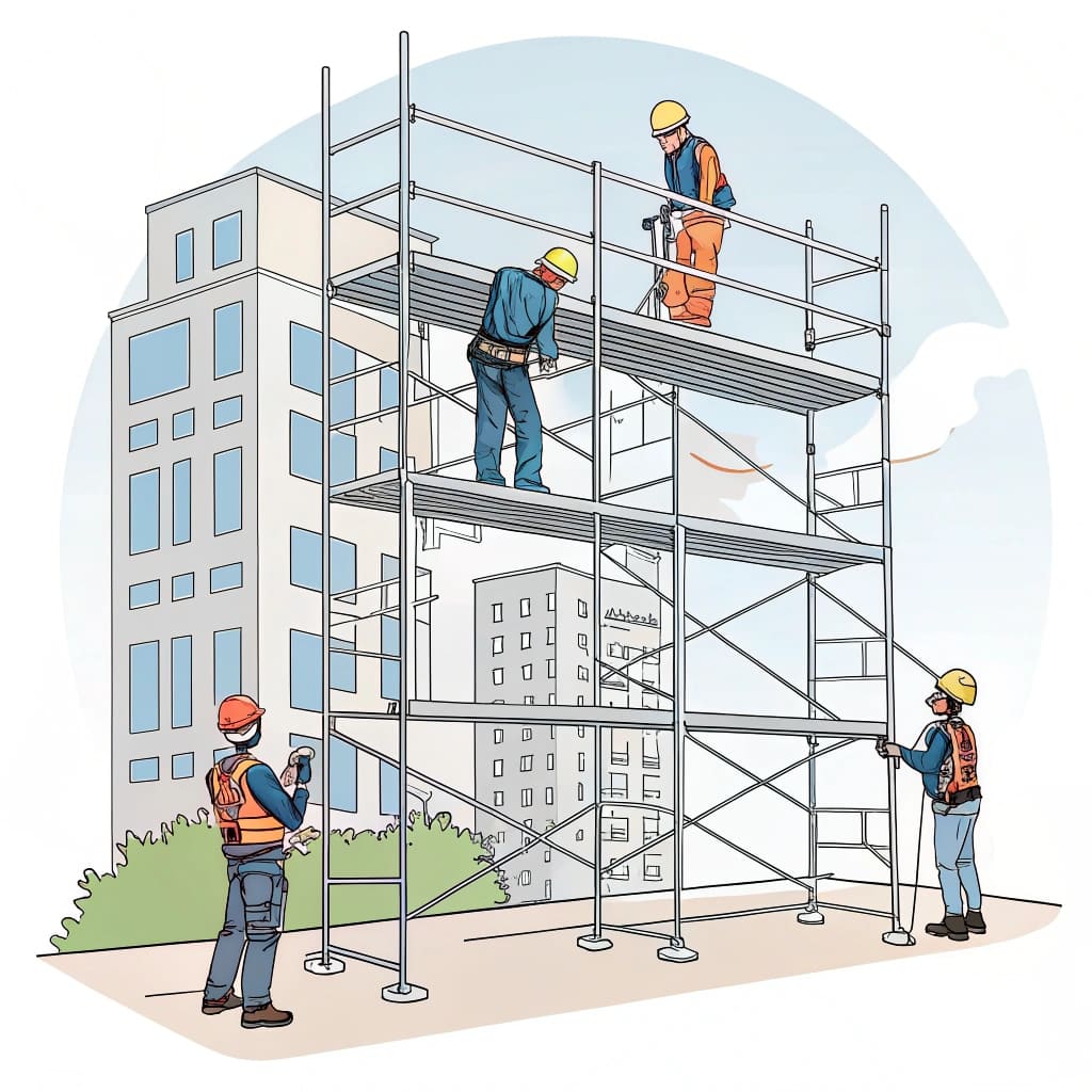 Construction workers on scaffolding of a high-rise building